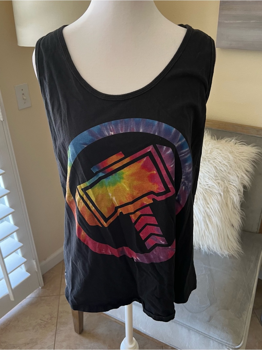 ⚡️Marvel Black Tank Top with Multicolor Tie-Dye Hammer Graphic